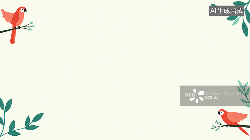 【AI数字艺术】2D卡通鹦鹉站在绿叶树枝背景两侧图片素材