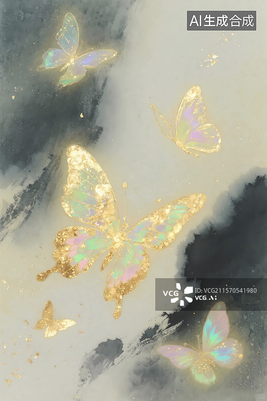 【AI数字艺术】金箔岩彩新中式蝴蝶水墨背景图片素材