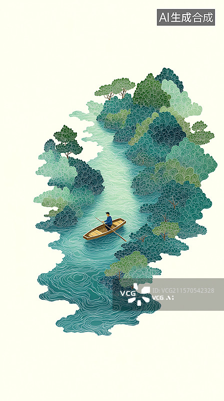 【AI数字艺术】在美丽的峡谷中划行的一只小舟图片素材