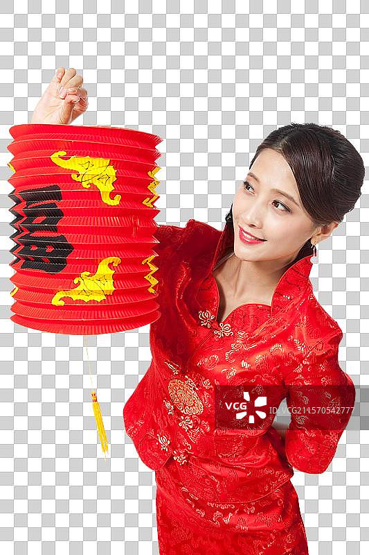 棚拍身穿中国传统服装的年轻女人和红灯笼图片素材