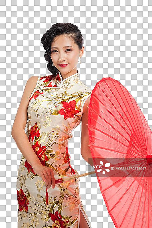 棚拍身穿中国传统服装的年轻女人和伞图片素材