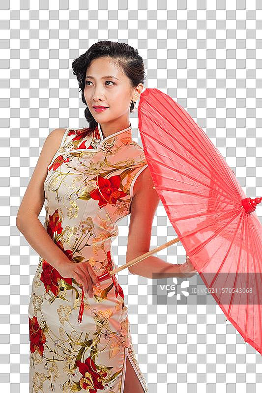 棚拍身穿中国传统服装的年轻女人和伞图片素材