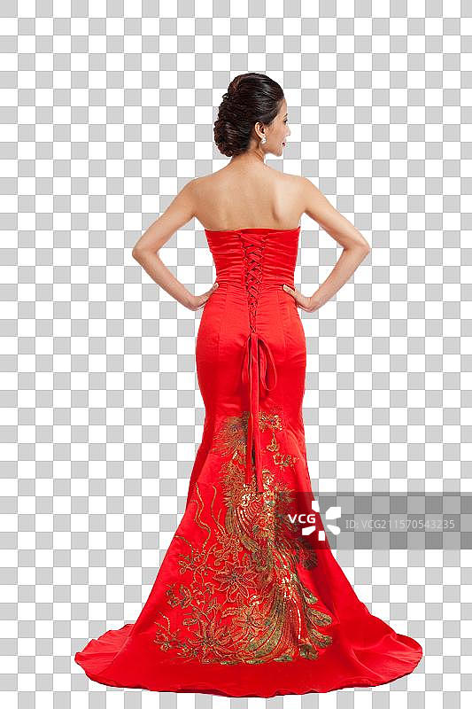 棚拍身穿中国传统服装年轻女人的背影图片素材