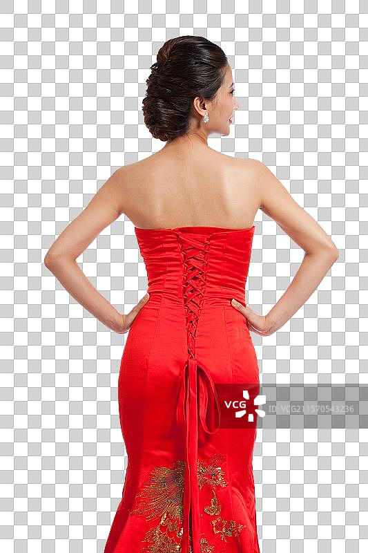 棚拍身穿中国传统服装年轻女人的背影图片素材