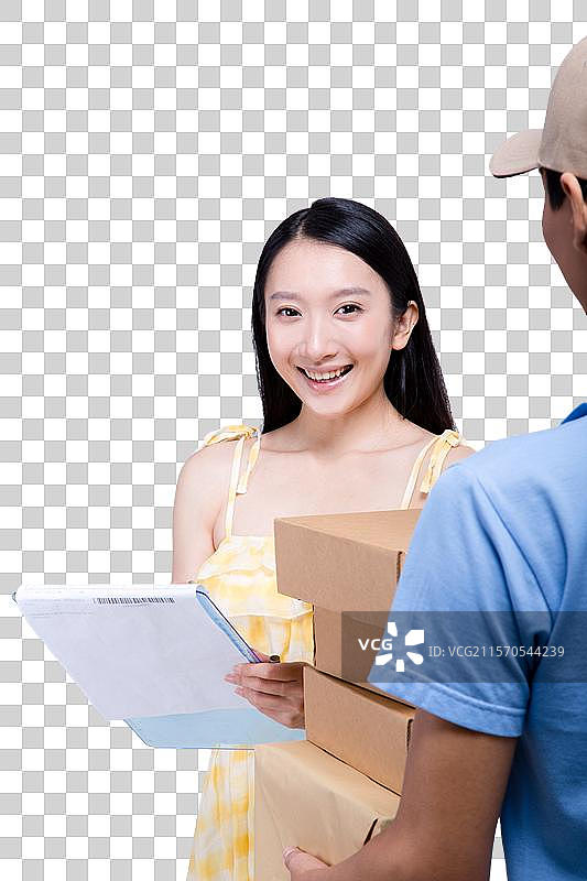 棚拍工作装年轻男快递员和女顾客图片素材