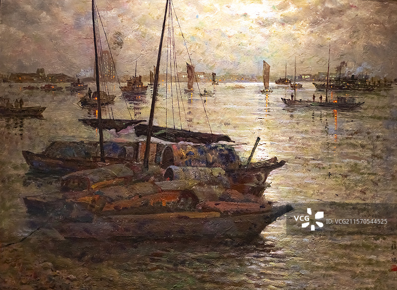 现代 颜文樑 黄浦江夜航图 木板油画 上海博物馆东馆图片素材
