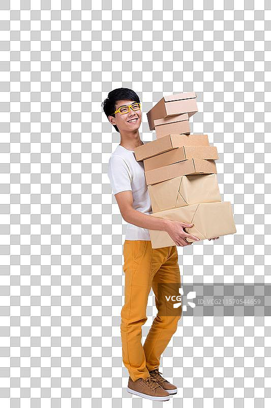 棚拍年轻男人收到快递图片素材