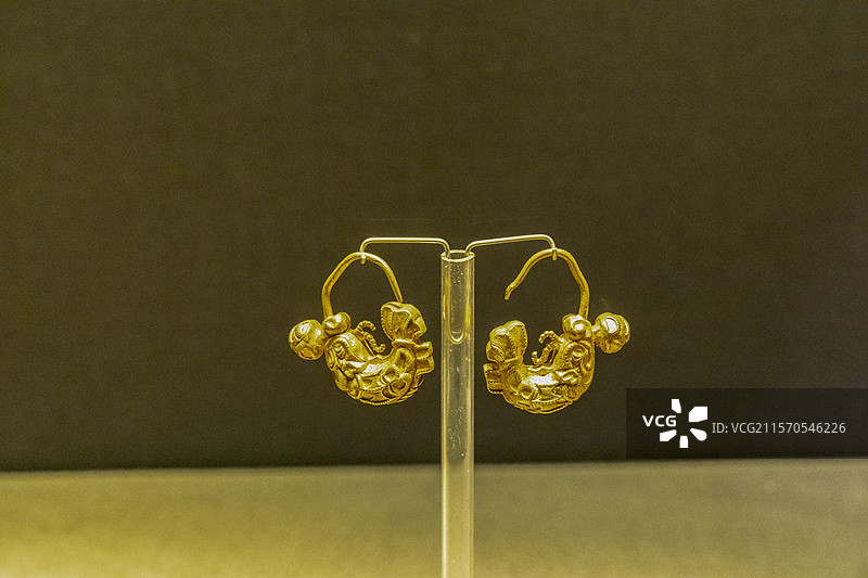 内蒙古博物院“大辽契丹”展：摩羯形金耳坠（辽，通辽市奈林稿辽墓出土，内蒙古博物院藏）图片素材