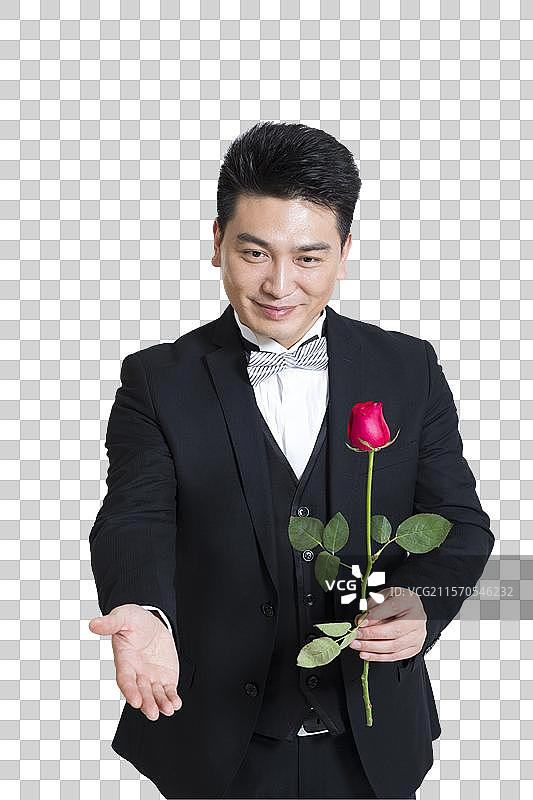 棚拍中年商务男士拿着一支玫瑰花图片素材