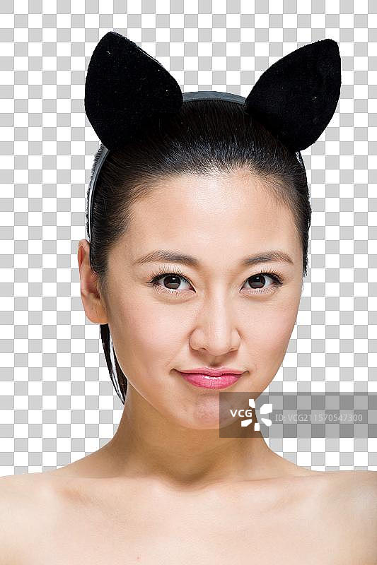 棚拍戴耳朵头饰的美女面部表情图片素材