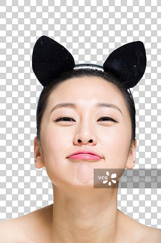 棚拍戴耳朵头饰的美女面部表情图片素材