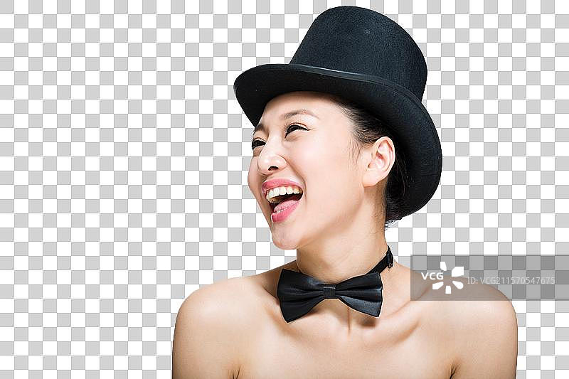 棚拍戴礼帽的年轻女人图片素材