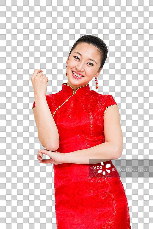 棚拍穿红色旗袍的年轻女人图片素材