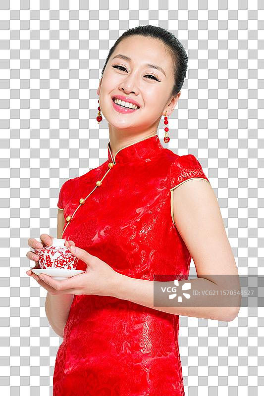 棚拍穿红色旗袍的年轻女人图片素材