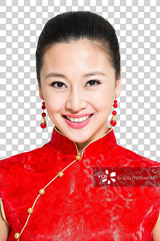 棚拍穿红色旗袍的年轻女人图片素材