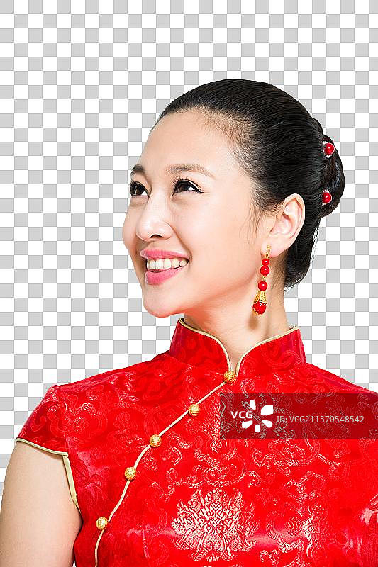 棚拍穿红色旗袍的年轻女人图片素材