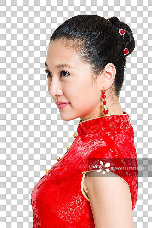 棚拍穿红色旗袍的年轻女人图片素材