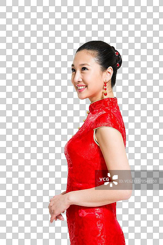 棚拍穿红色旗袍的年轻女人图片素材