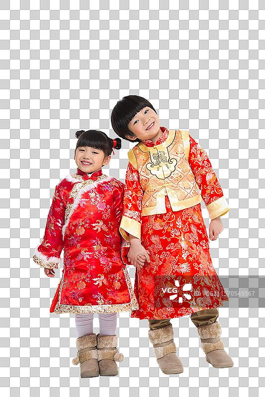 棚拍中国新年唐装儿童手拉手图片素材