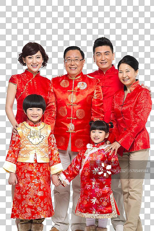 棚拍中国新年快乐的唐装家庭图片素材