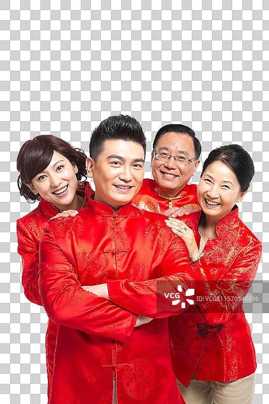 棚拍中国新年快乐的唐装家庭图片素材
