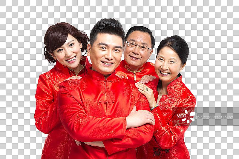 棚拍中国新年快乐的唐装家庭图片素材