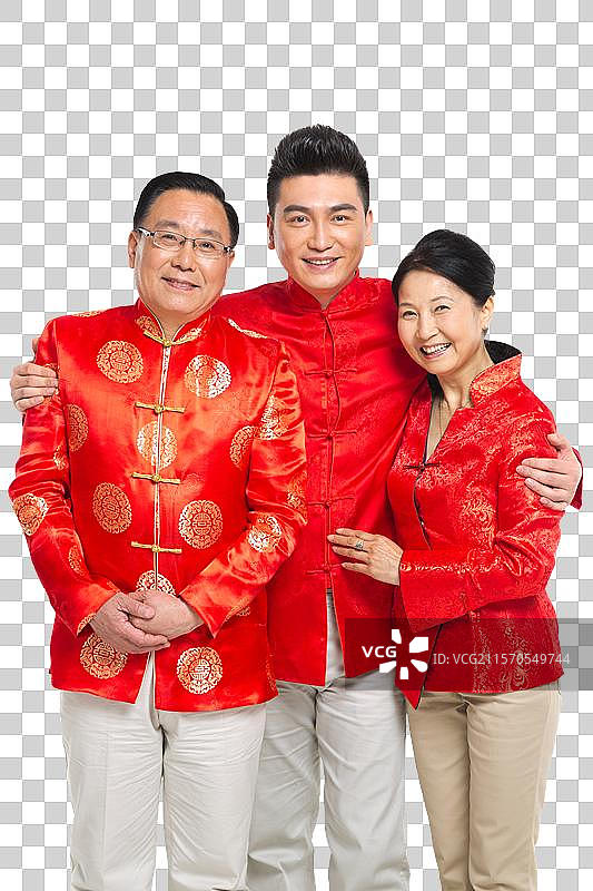 棚拍中国新年快乐的唐装家庭图片素材