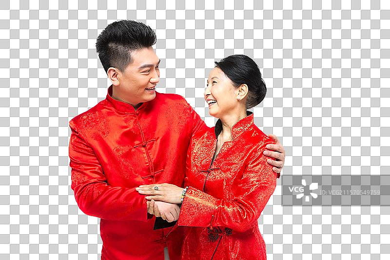 棚拍中国新年唐装男人和母亲图片素材