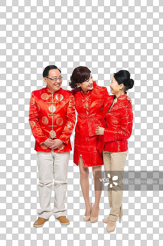 棚拍中国新年快乐的唐装家庭图片素材