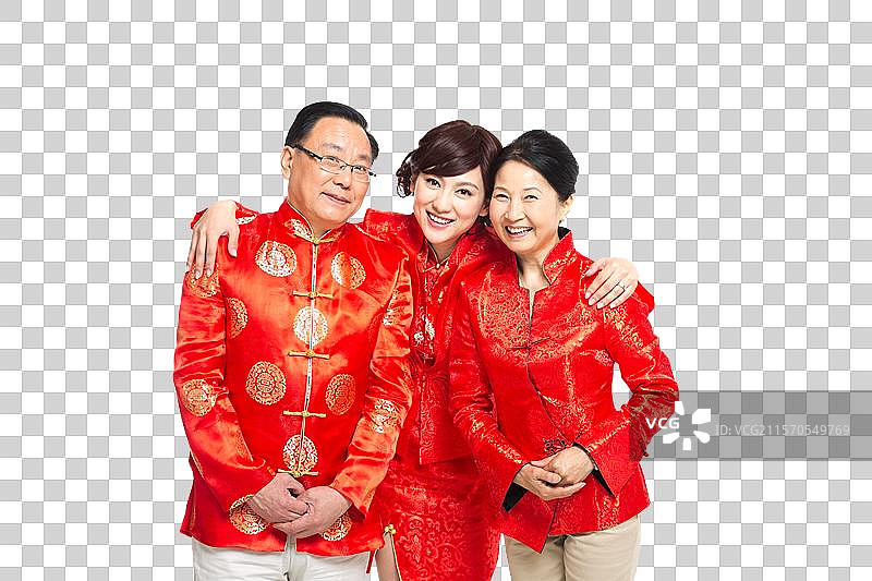 棚拍中国新年快乐的唐装家庭图片素材