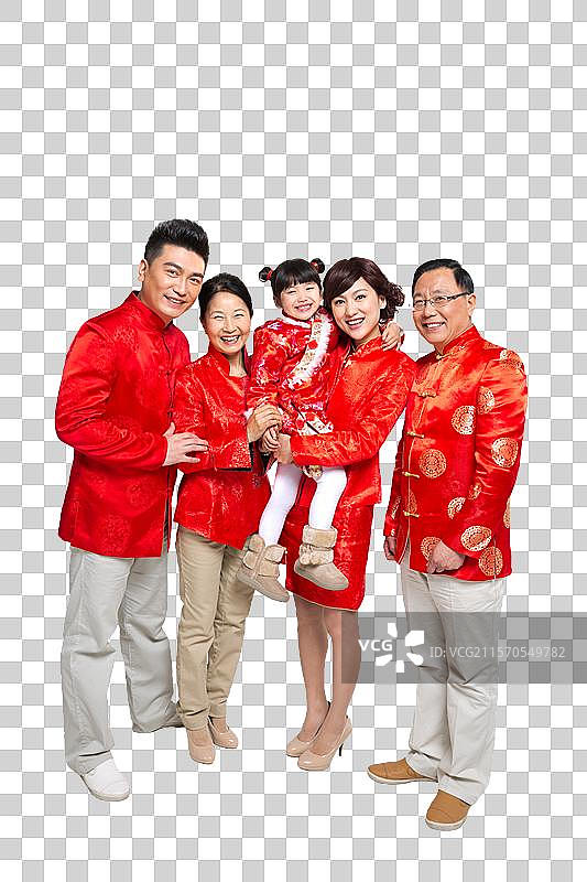 棚拍中国新年快乐的唐装家庭图片素材