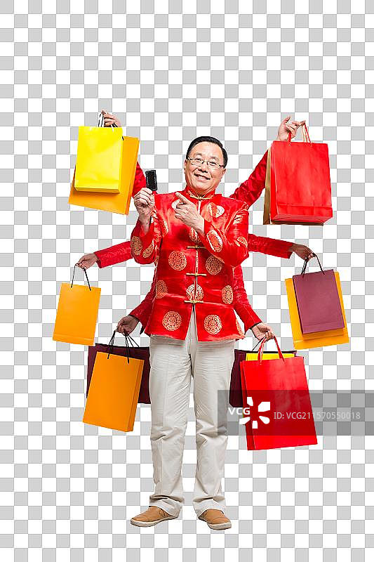 棚拍中国新年唐装老男人购物图片素材