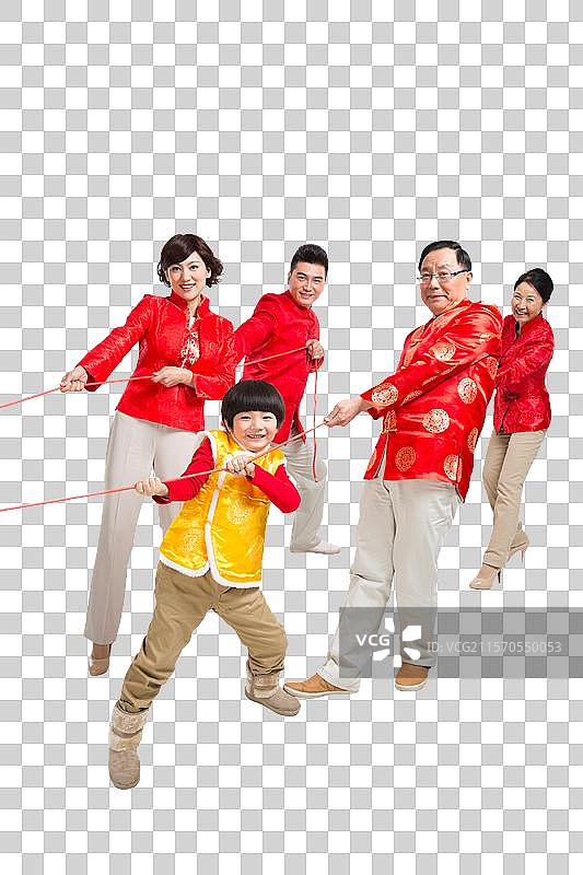 棚拍中国新年快乐的唐装家庭图片素材