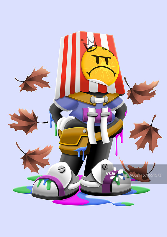 潮流插画，红白条纹爆米花桶头饰的叛逆角色，彩色颜料鞋底，专为潮牌设计、青年文化产品及街头艺术创作。图片素材