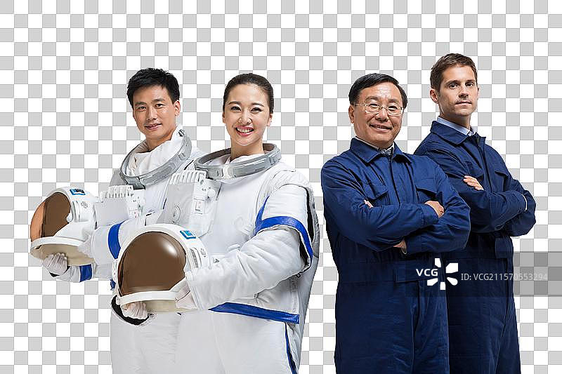 棚拍男宇航员和工程师团队合影图片素材