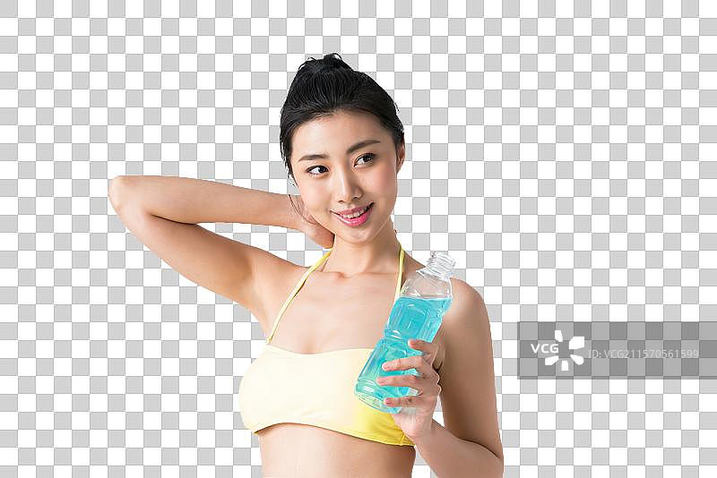 穿着比基尼的美女喝饮料图片素材