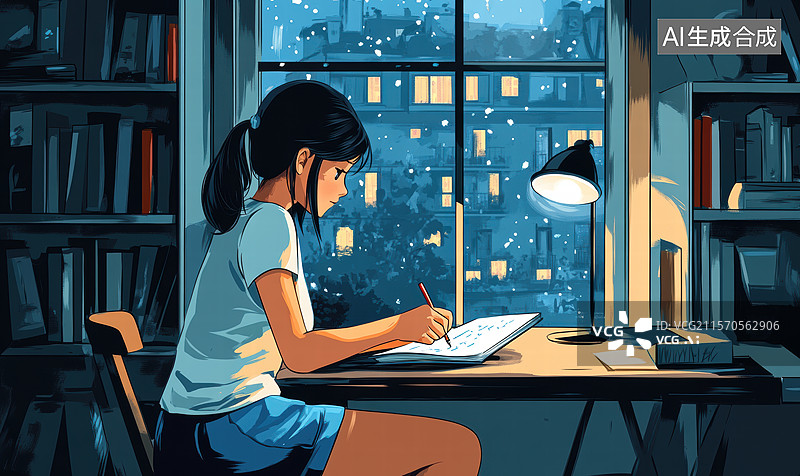 【AI数字艺术】夜晚书房中的专注学习图片素材