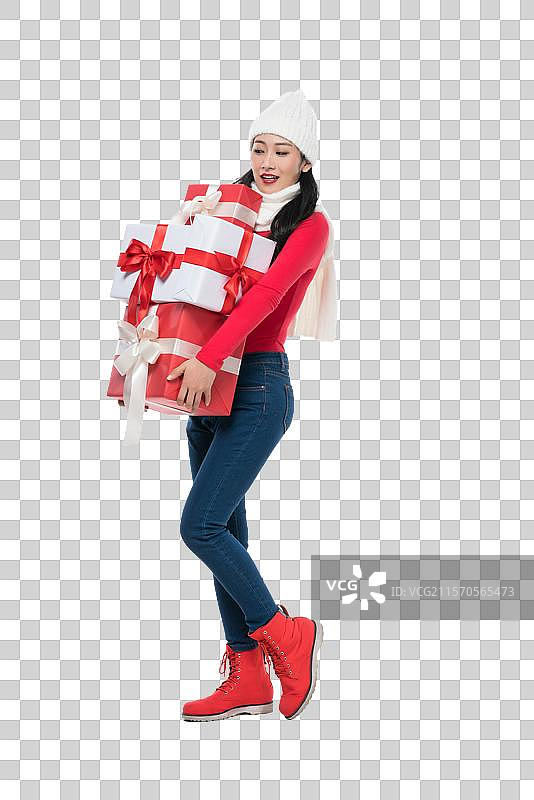 红衣年轻女子拿着礼物图片素材