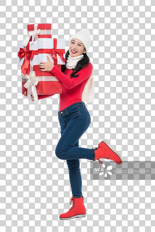红衣年轻女子拿着礼物图片素材
