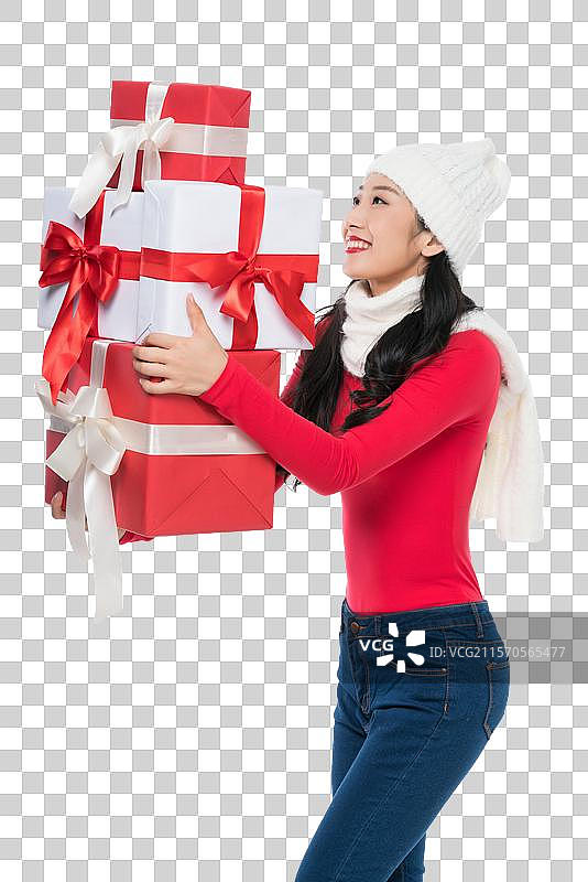 红衣年轻女子拿着礼物图片素材