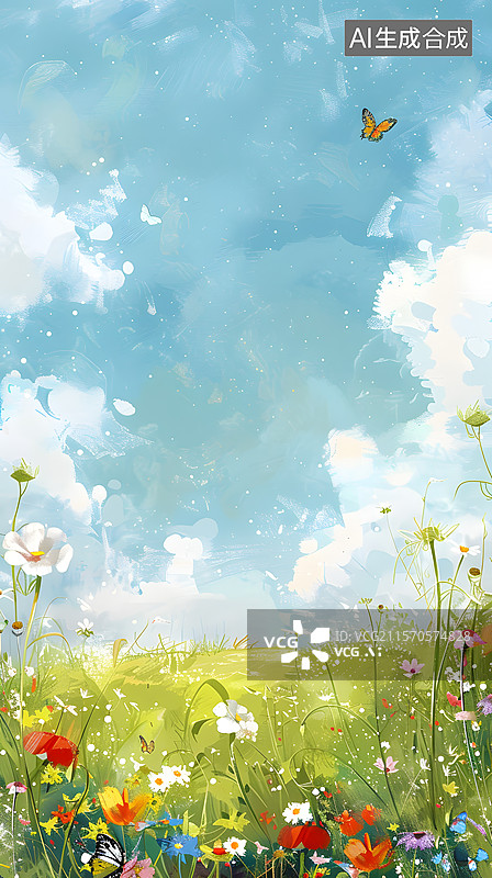 【AI数字艺术】卡通动漫蓝天白云鲜花蝴蝶草地背景图片素材