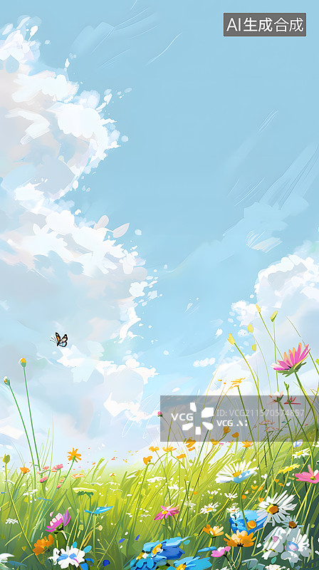 【AI数字艺术】卡通动漫蓝天白云鲜花蝴蝶草地背景图片素材