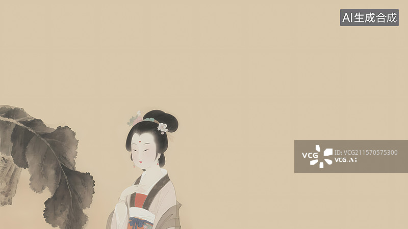 【AI数字艺术】传统古典女子背景留白水墨画左下图片素材