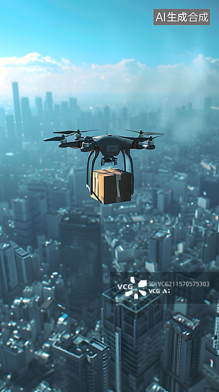 【AI数字艺术】低空经济，无人机飞行在城市上空，新质生产力图片素材