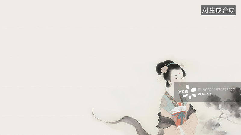 【AI数字艺术】传统古典女子背景留白水墨画右下图片素材