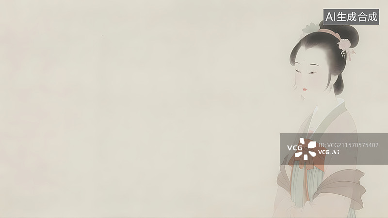 【AI数字艺术】传统古典女子背景留白水墨画居右图片素材