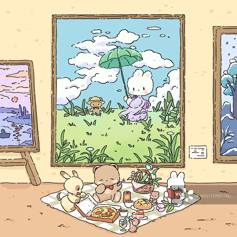 博物馆里的室内野餐时光治愈型插画图片素材