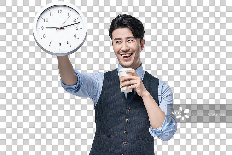 商务男士拿着时钟喝咖啡图片素材