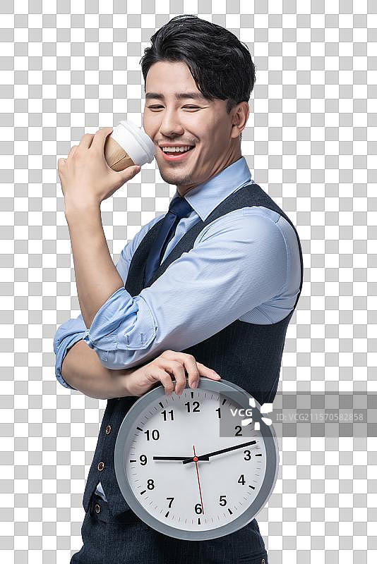商务男士拿着时钟喝咖啡图片素材