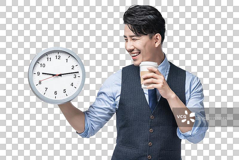 商务男士拿着时钟和咖啡图片素材